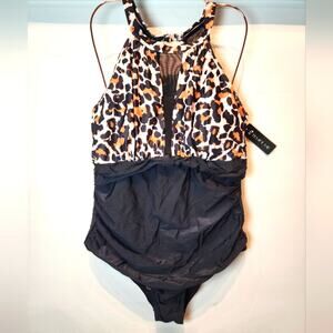 New‎ Animal Print One Piece Swimsuit Cheetah Black Brown 479 Size XL